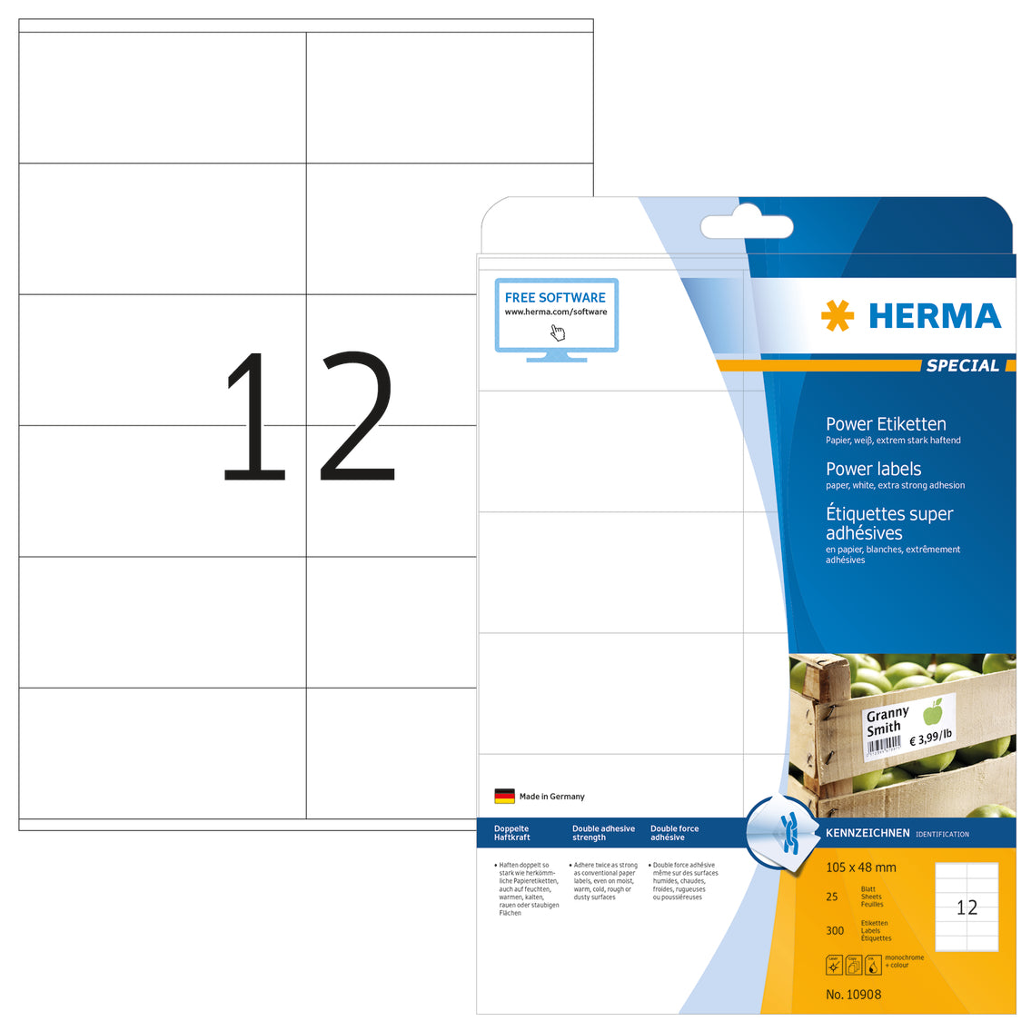 Power Labels, with Strong Adhesion A4, 105 x 48mm, made of Paper