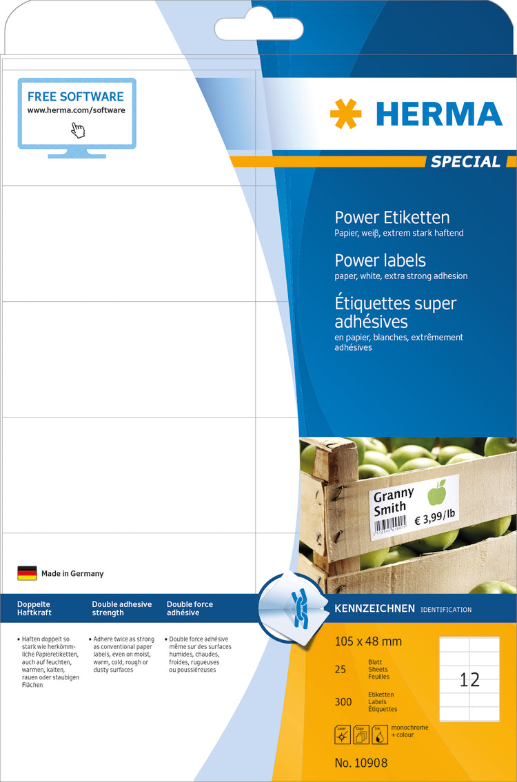 Power Labels, with Strong Adhesion A4, 105 x 48mm, made of Paper