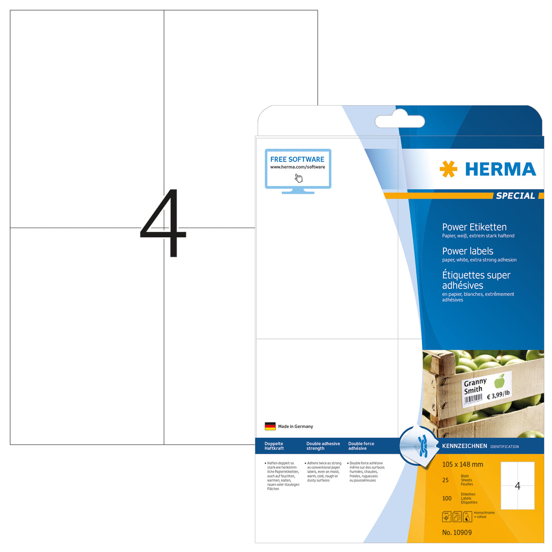 Power Labels, with Extra Strong Adhesion A4, 105 x 148mm, Made of Paper