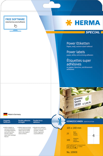 Power Labels, with Extra Strong Adhesion A4, 105 x 148mm, Made of Paper