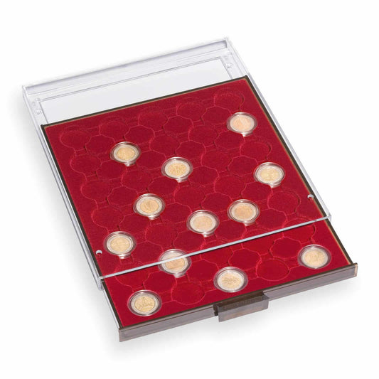 Coin Box 35 compartments for CAPSULES 25 +26mm, smoke coloured