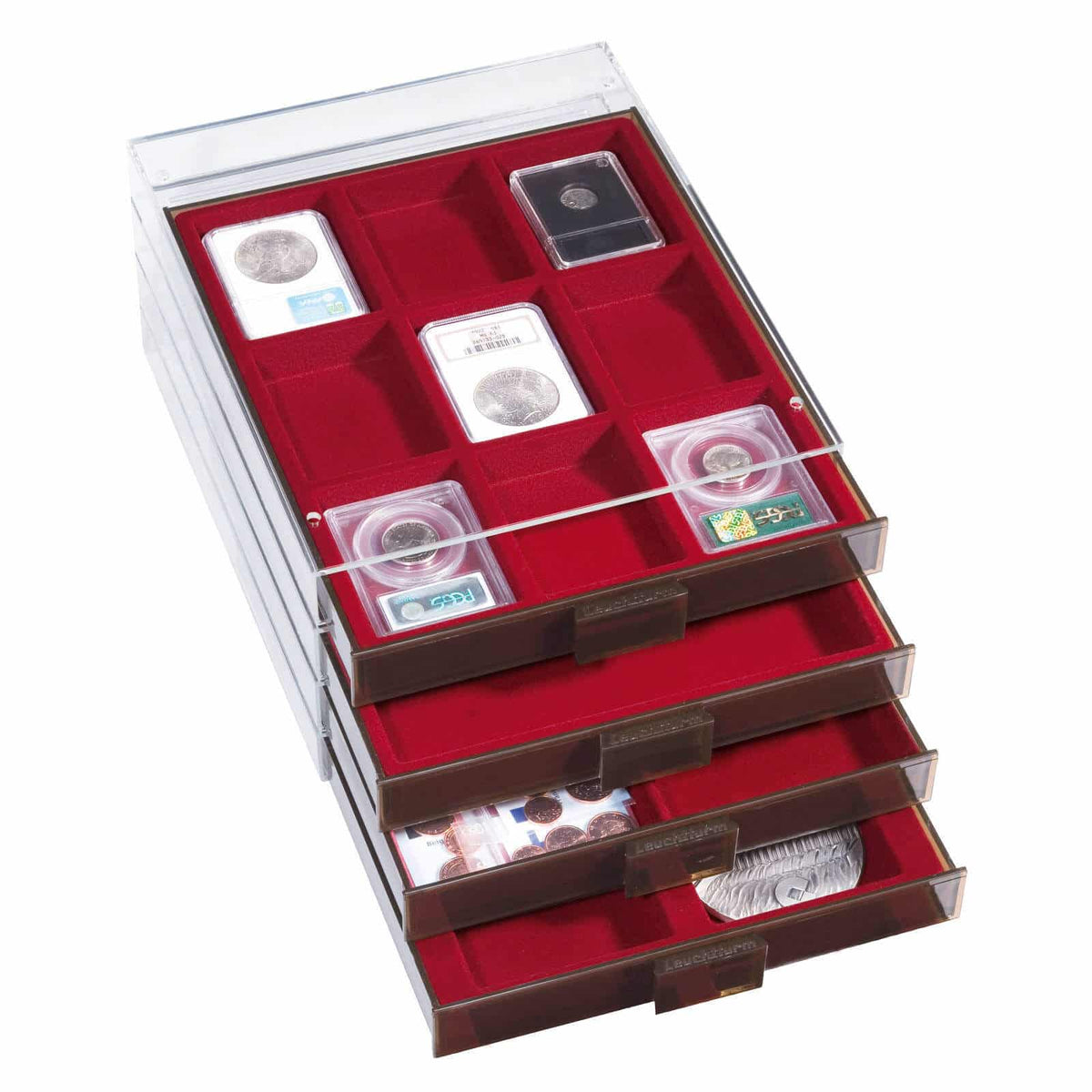 Coin Box 9 square compartments for US-Coin Capsules, smoke coloured