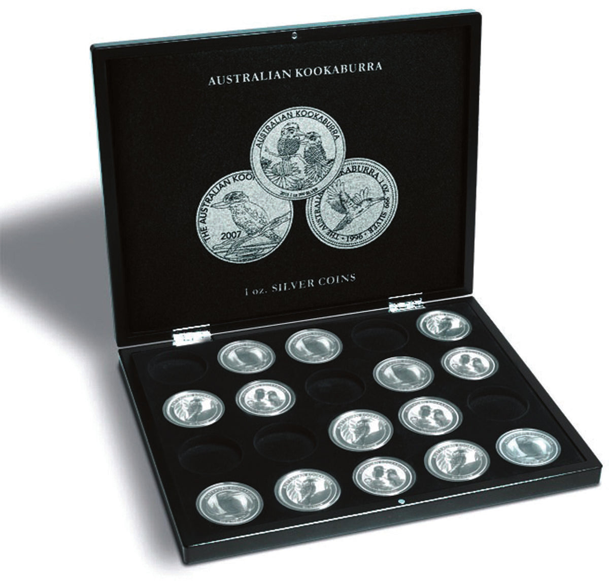 Presentation case for 20 Kookaburra silver soins in capsules, black