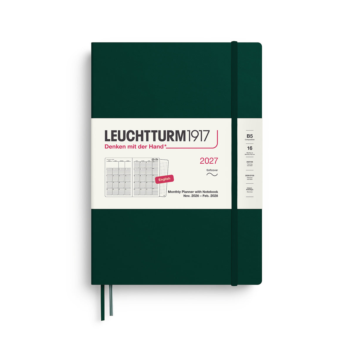 Monthly Planner &amp; Notebook Composition (B5) 2027, 16 Months, Softcover, Forest Green