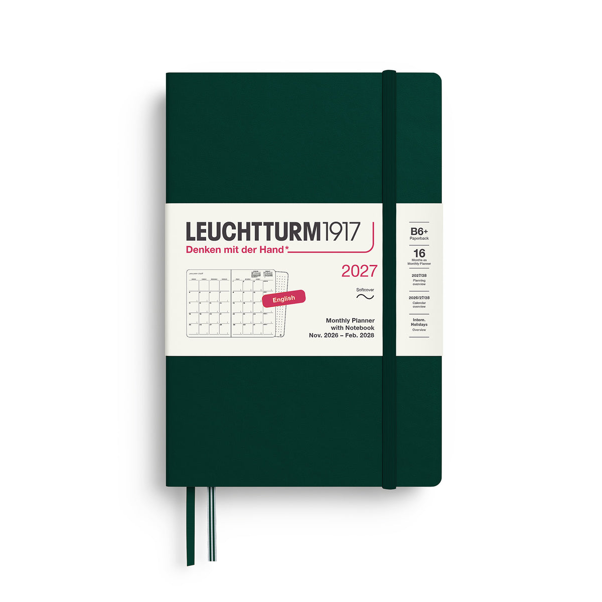 Monthly Planner &amp; Notebook Paperback (B6+) 2027, 16 Months, Softcover, Forest Green