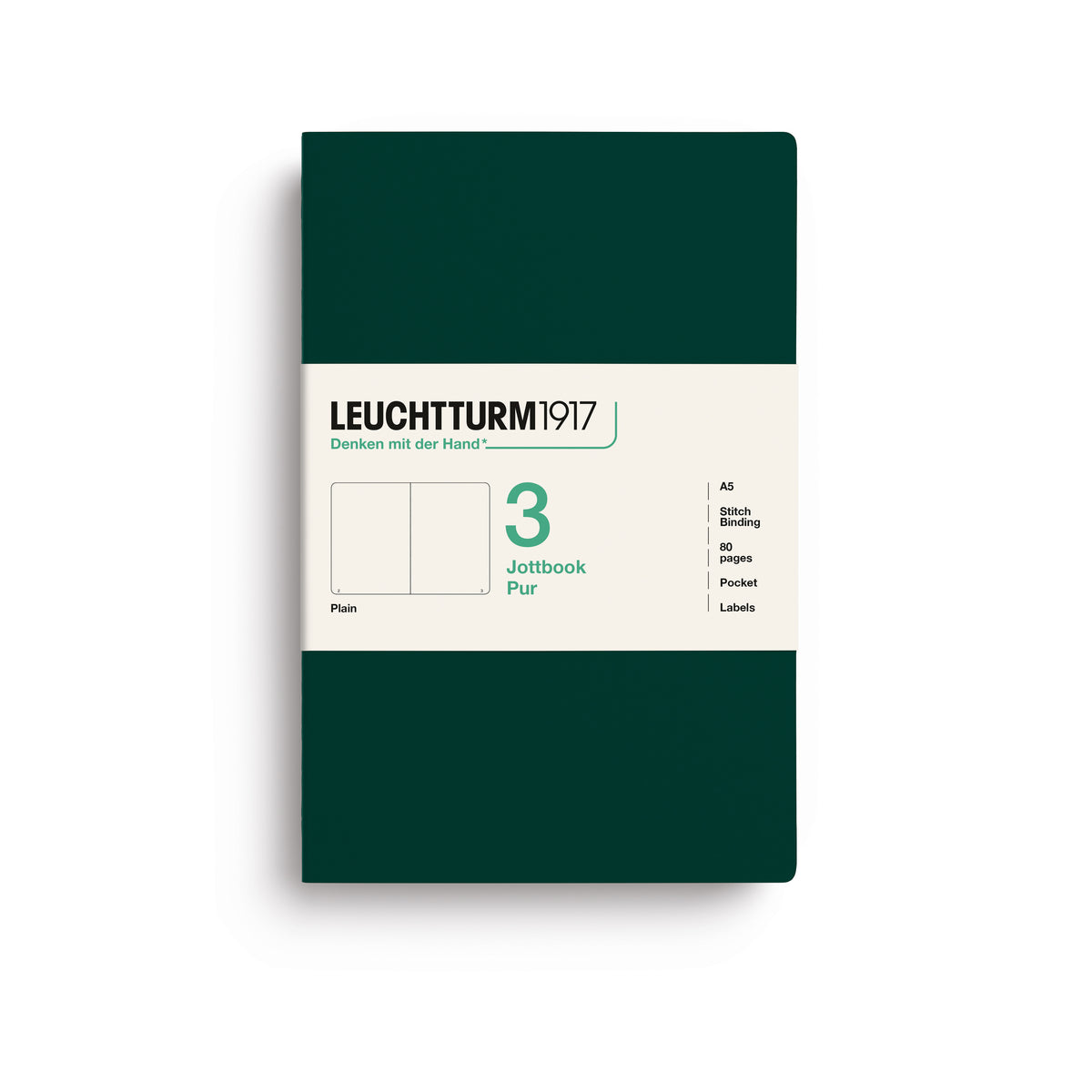 Jottbook pur (A5), 80 numbered pages, plain, Forest Green, pack of 3