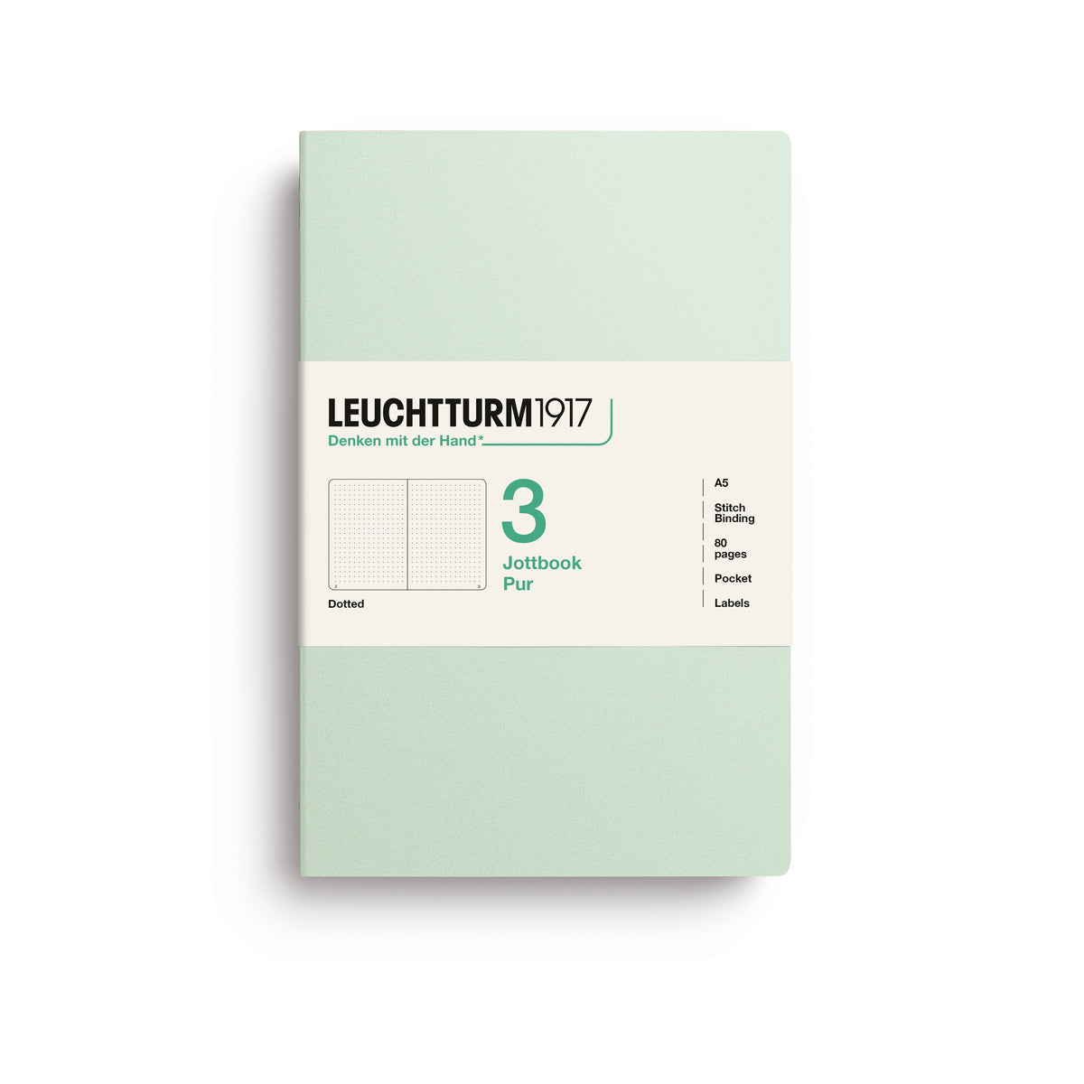 Jottbook pur (A5), 80 numbered pages, dotted, Mint Green, pack of 3