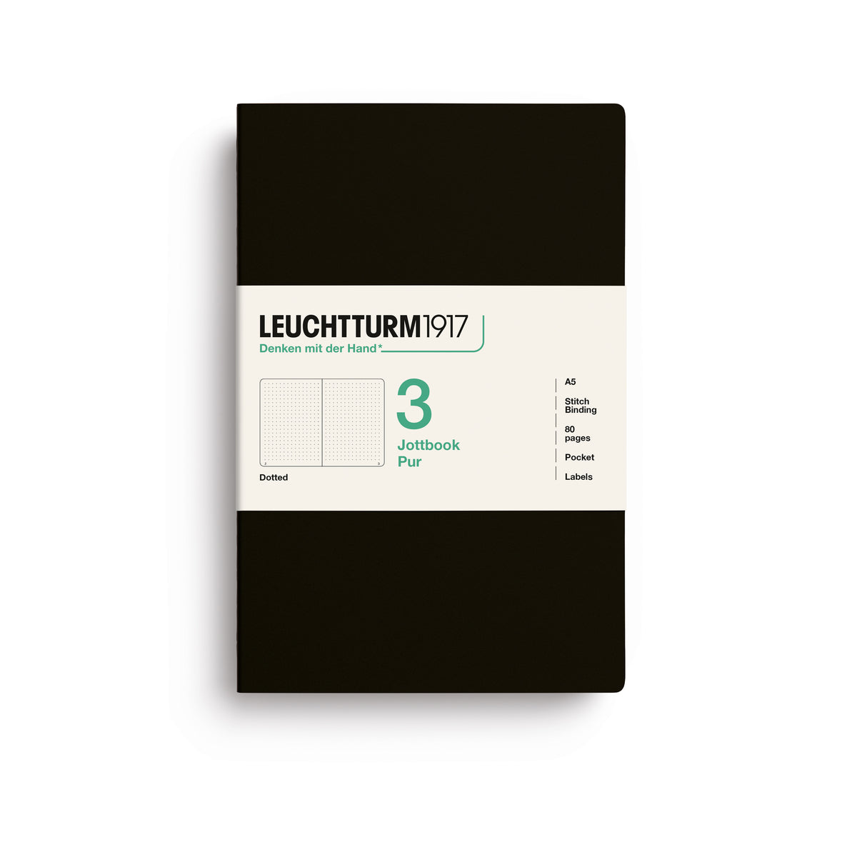 Jottbook pur (A5), 80 numbered pages, dotted, Black, pack of 3