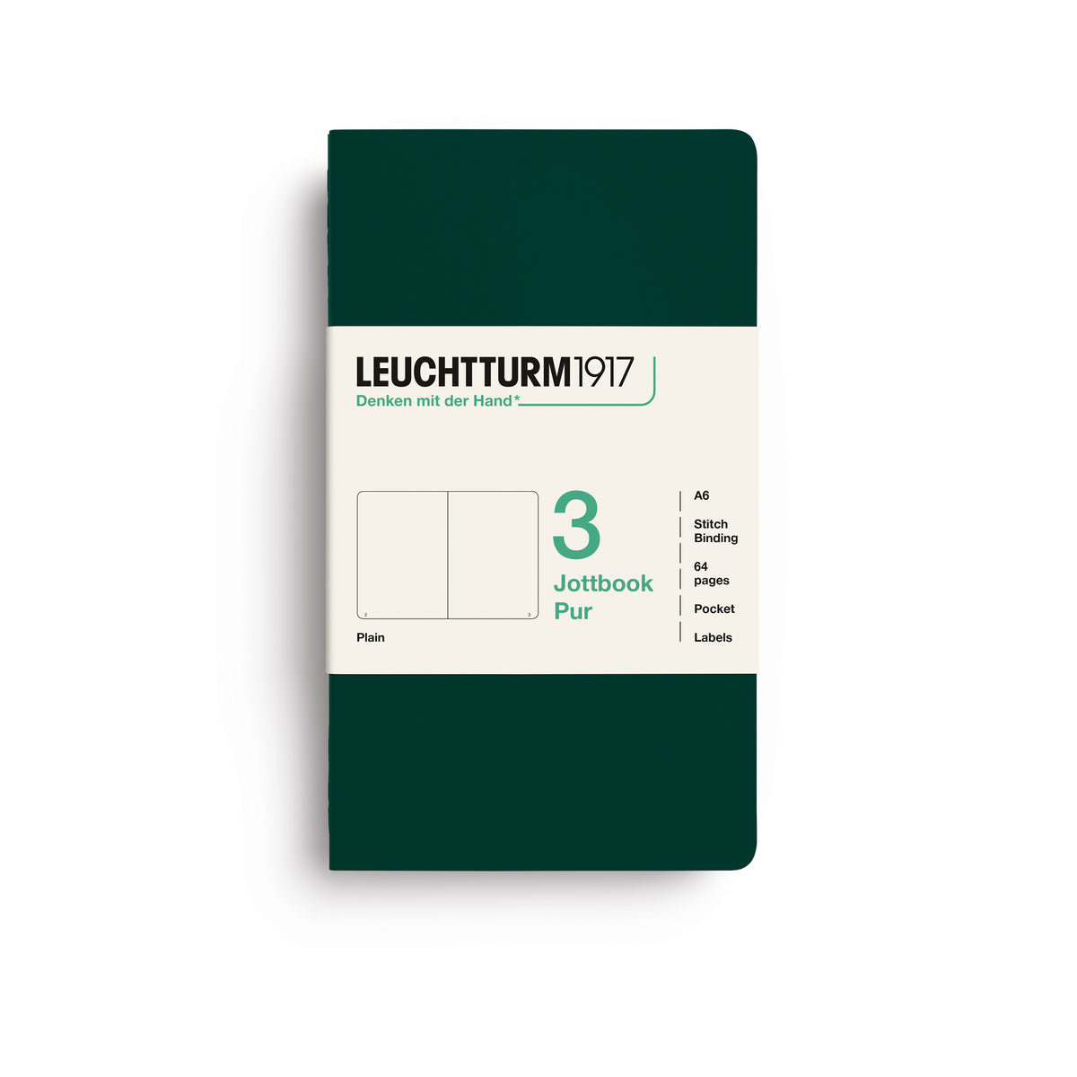 Jottbook pur (A6), 64 numbered pages, plain, Forest Green, pack of 3