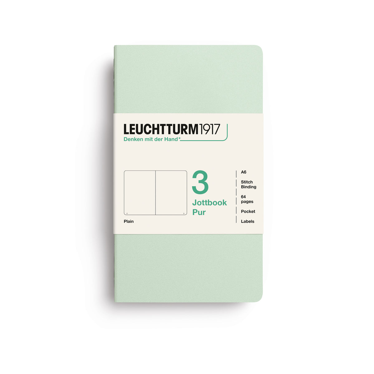 Jottbook pur (A6), 64 numbered pages, plain, Mint Green, pack of 3