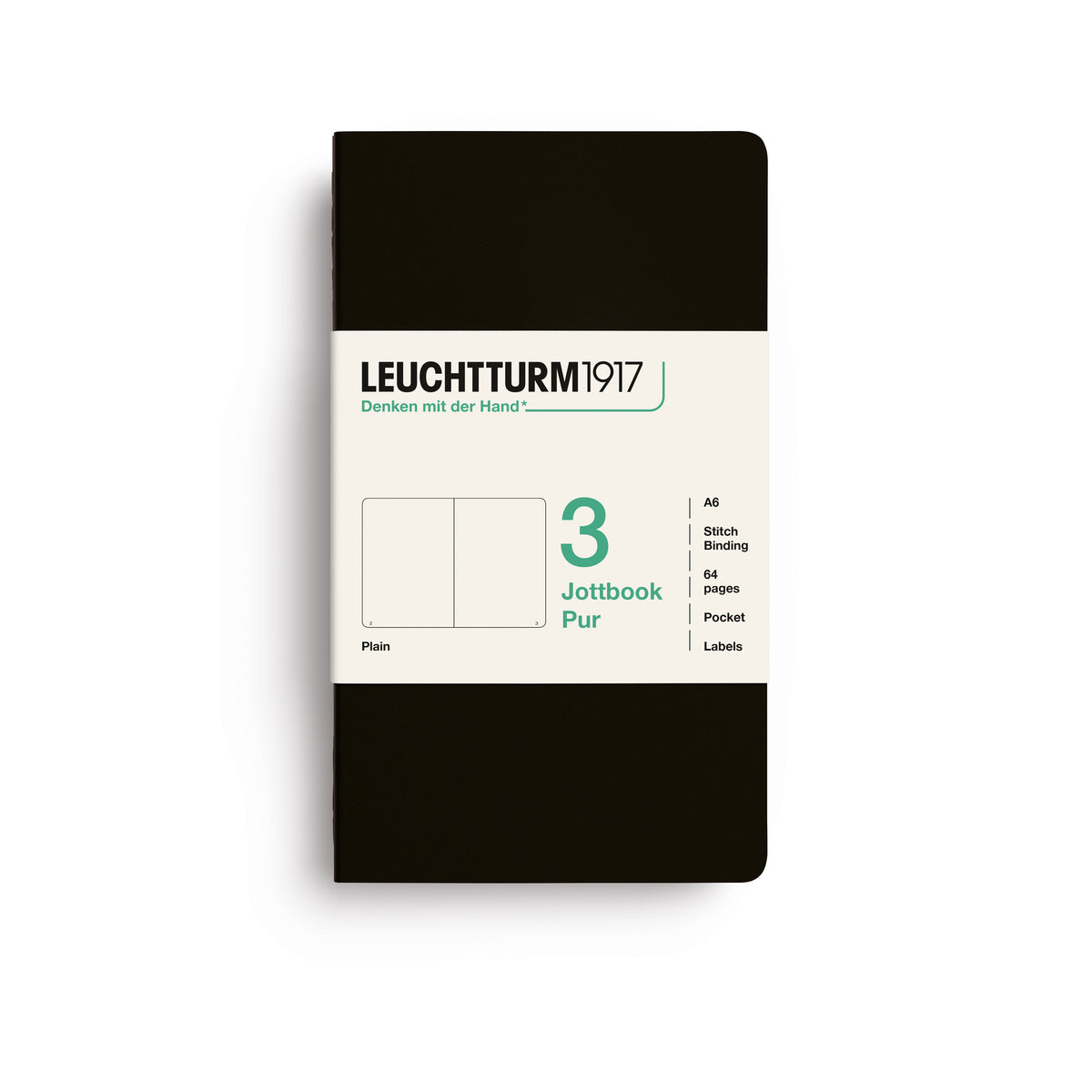 Jottbook pur (A6), 64 numbered pages, plain, Black, pack of 3