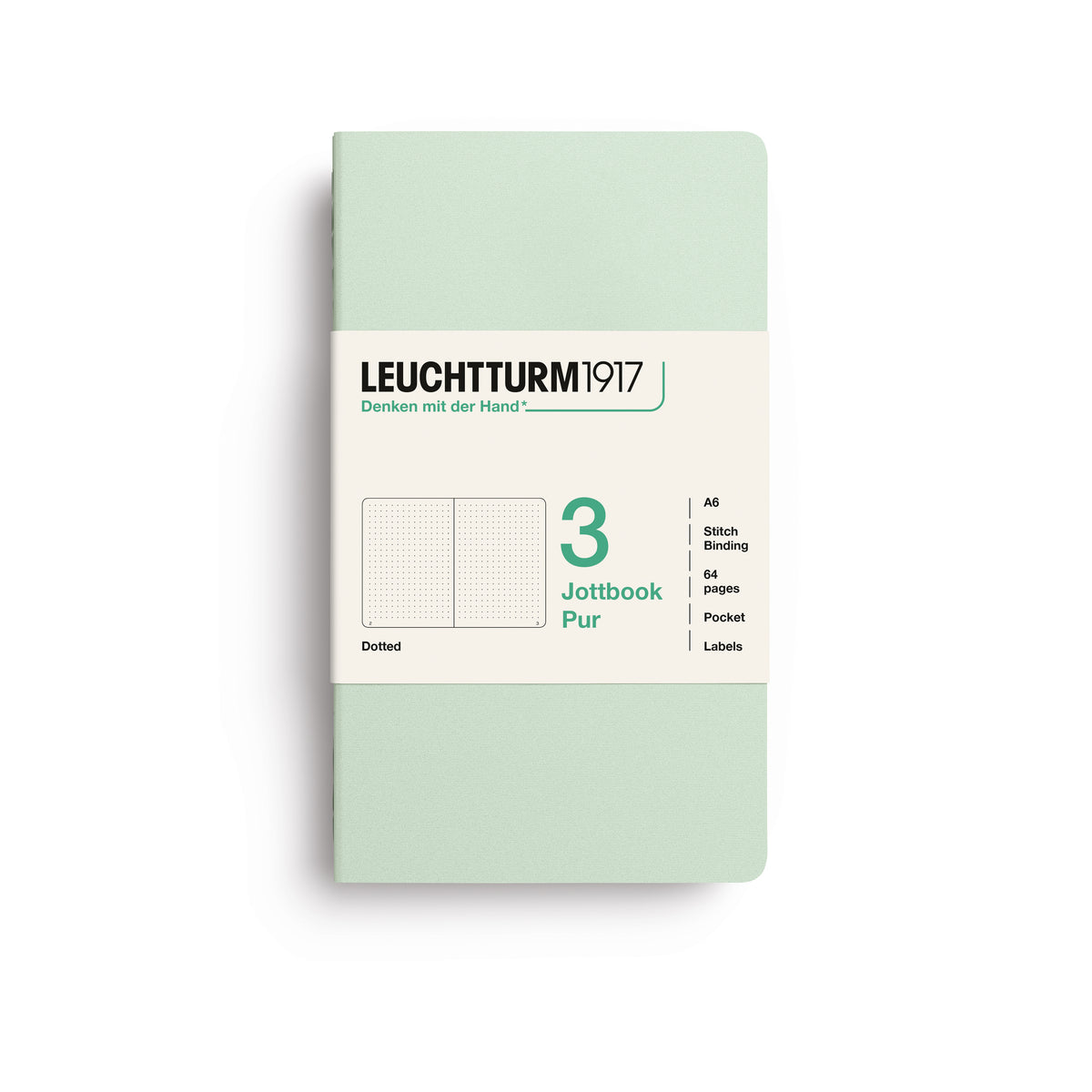 Jottbook pur (A6), 64 numbered pages, dotted, Mint Green, pack of 3