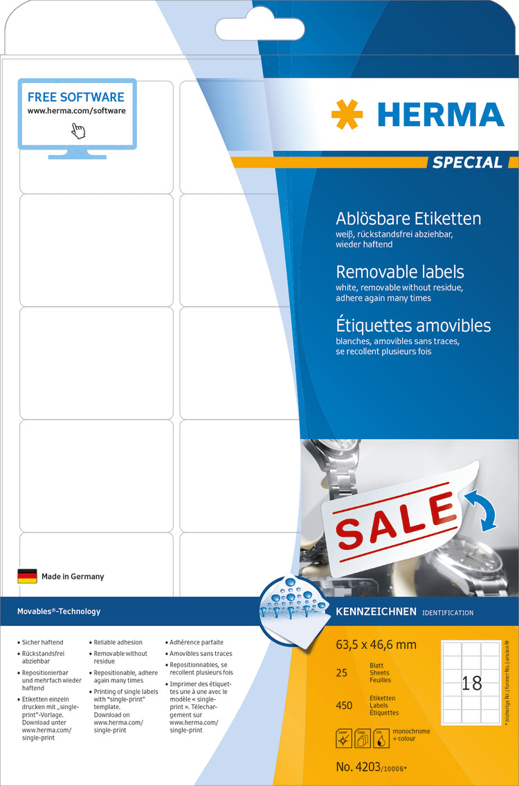 Removable Labels A4, 63.5 x 46.6mm, White, Movables Technology (1800 labels / 100 sheets)