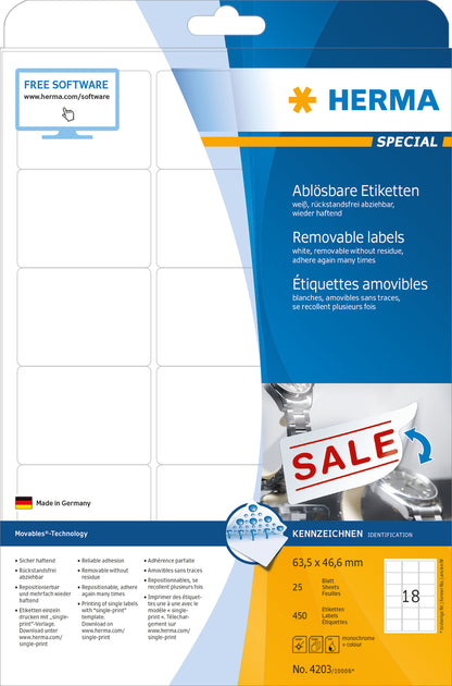 Removable Labels A4, 63.5 x 46.6mm, White, Movables Technology (1800 labels / 100 sheets)