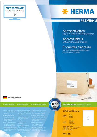 Premium A4 Address Labels, 1UP, 100 Sheets