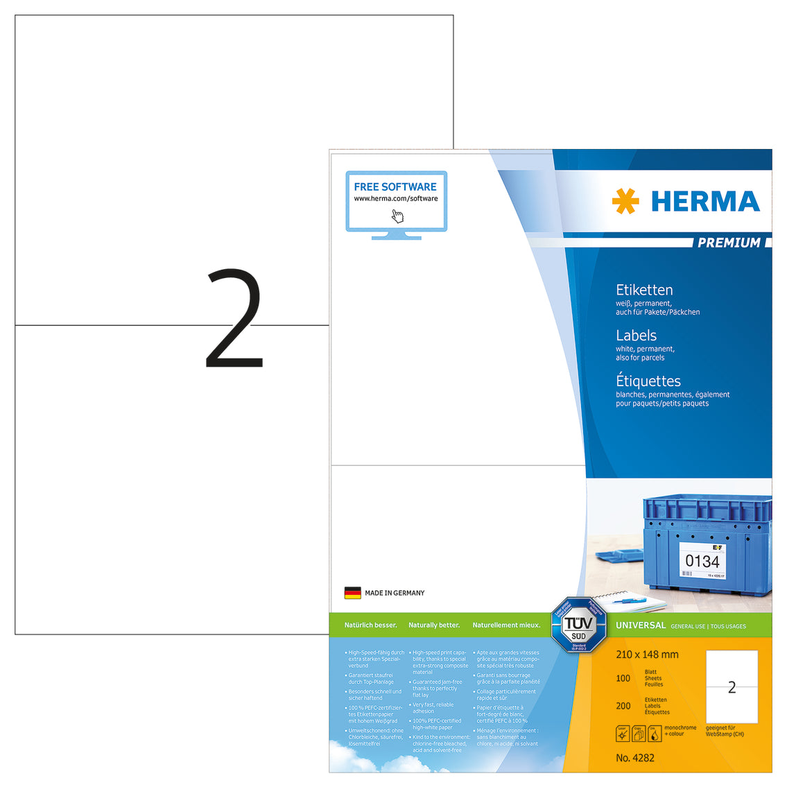 Premium Labels A4, 210 x 148mm, White, Permanent Adhesion (200 labels / 100 sheets)