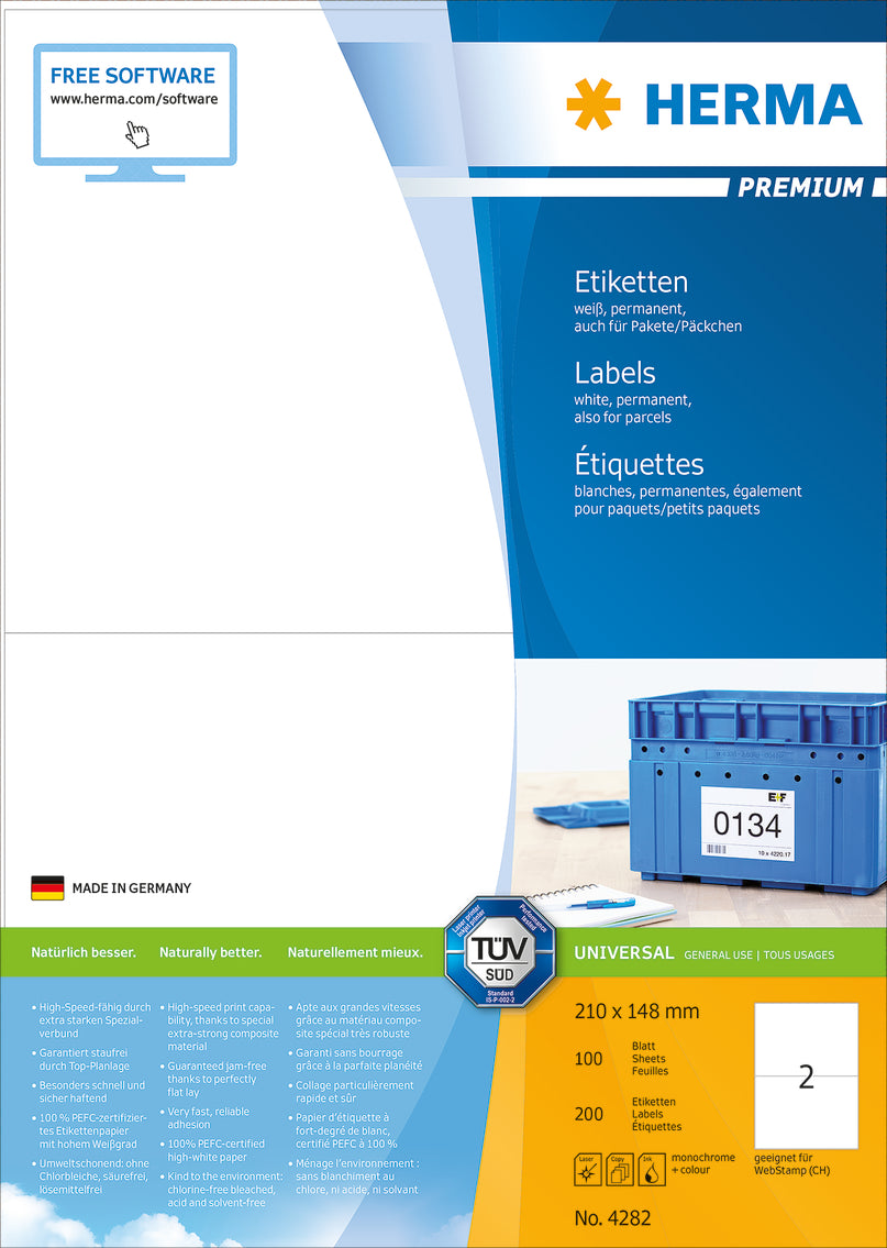 Premium Labels A4, 210 x 148mm, White, Permanent Adhesion (200 labels / 100 sheets)
