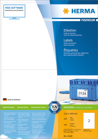 Premium Labels A4, 210 x 148mm, White, Permanent Adhesion (200 labels / 100 sheets)