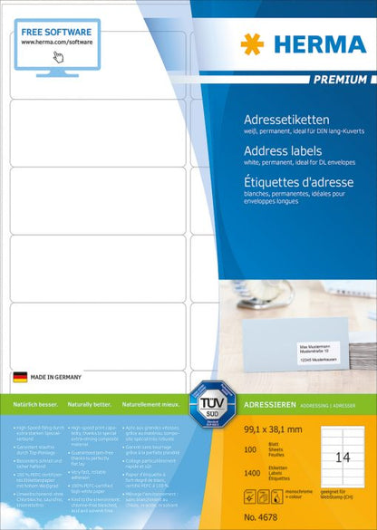 Premium A4 Address Labels, 14UP, 100 Sheets