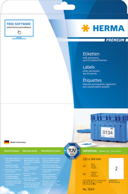 Premium Labels A4, 210 x 148mm, White, Permanent Adhesion (200 labels / 100 sheets)