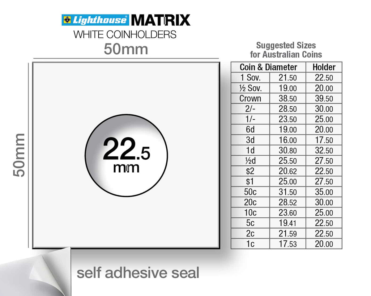 MATRIX coin holders, white, inside diameter 22.5mm, self-adhesive, pack of 25