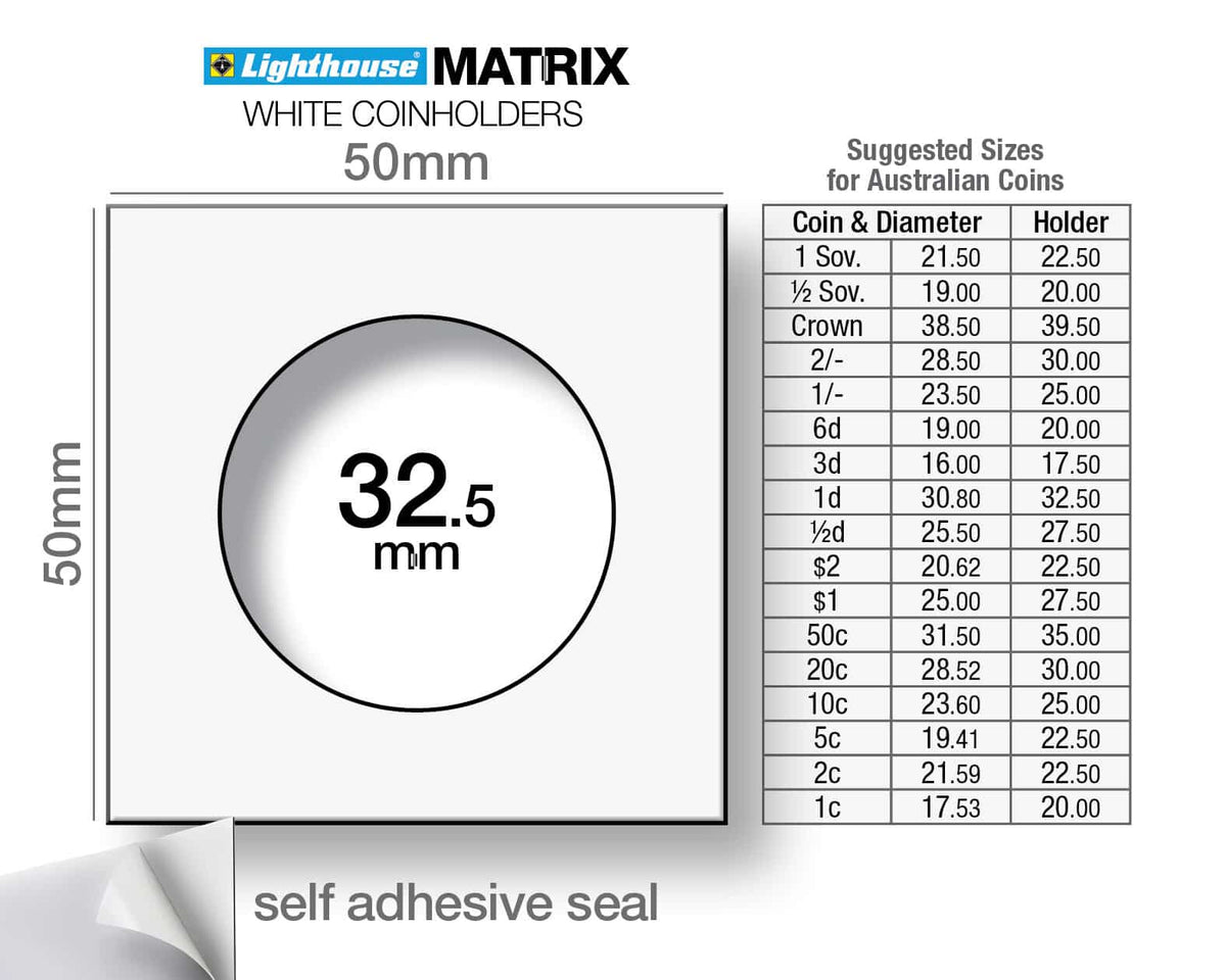 MATRIX coin holders, white, inside diameter 32.5mm, self-adhesive, pack of 25