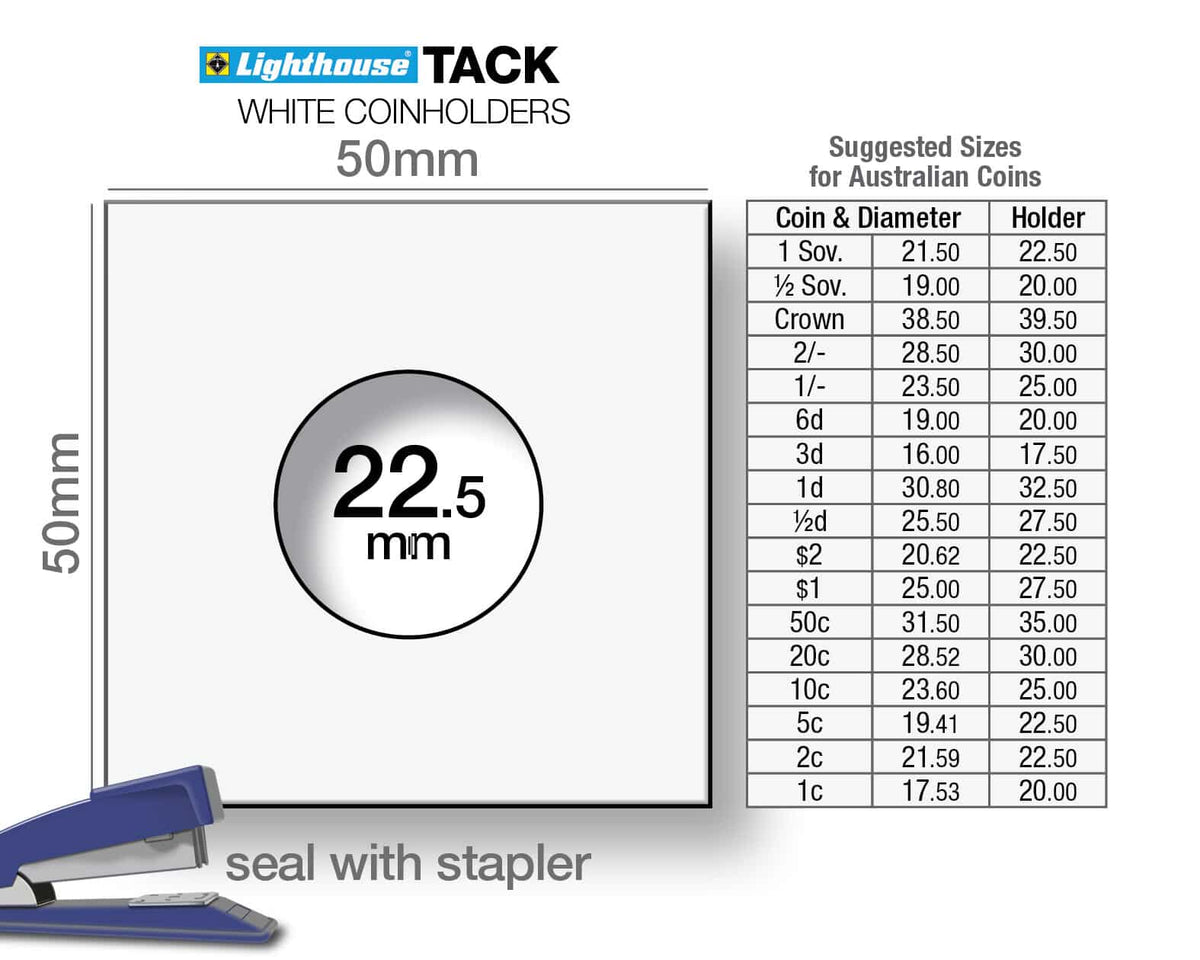 TACK Coin Holders with display diameter of 25mm, Staple type, 100 per pack