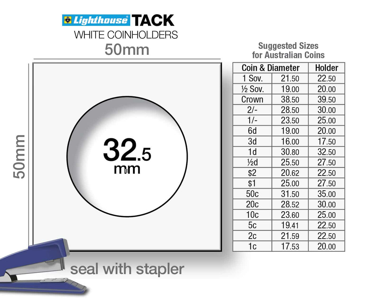 TACK Coin Holders with display diameter of 32.5mm, for stapling, pack of 100