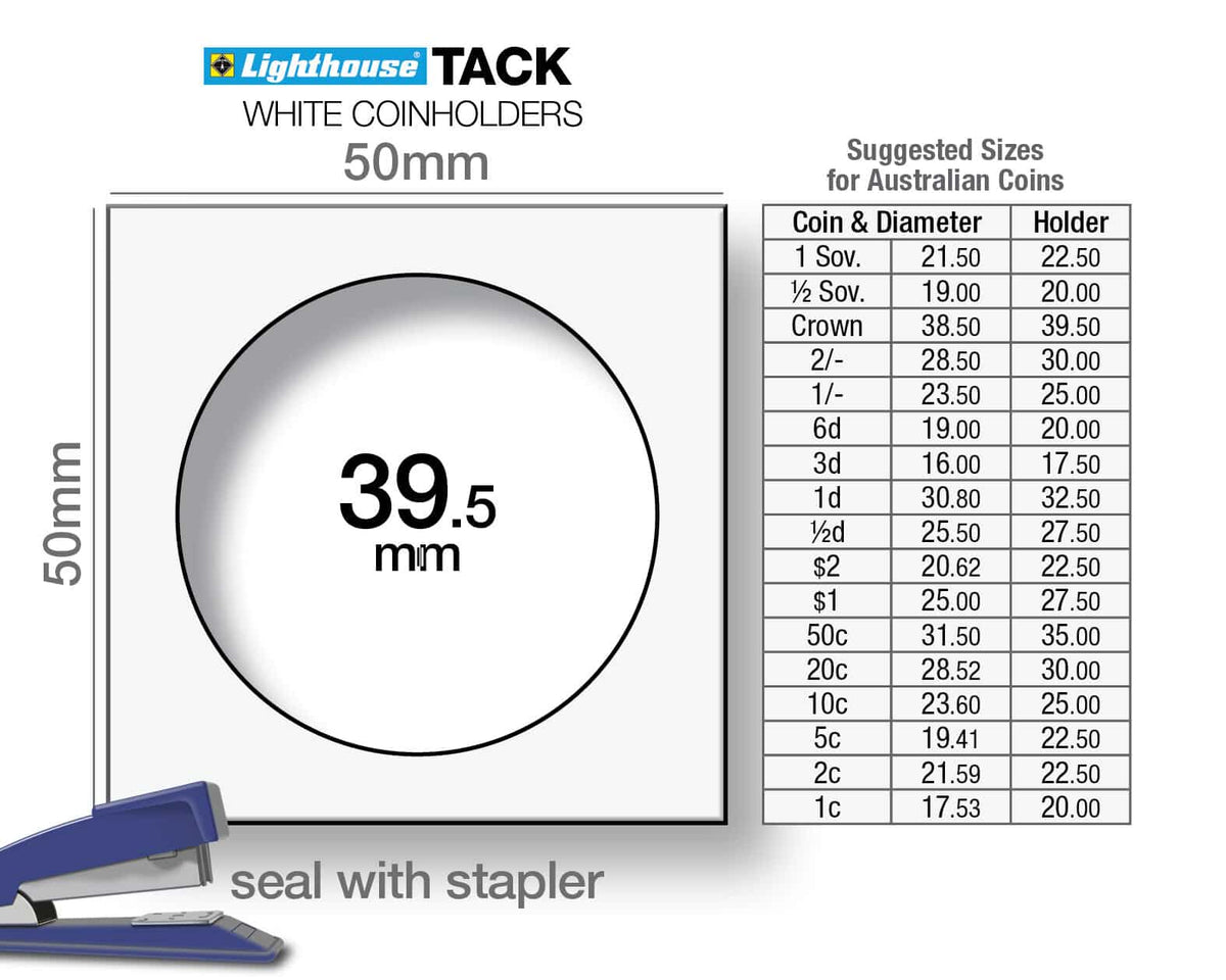 TACK Coin Holders with display diameter of 39.5mm, for stapling, pack of 100