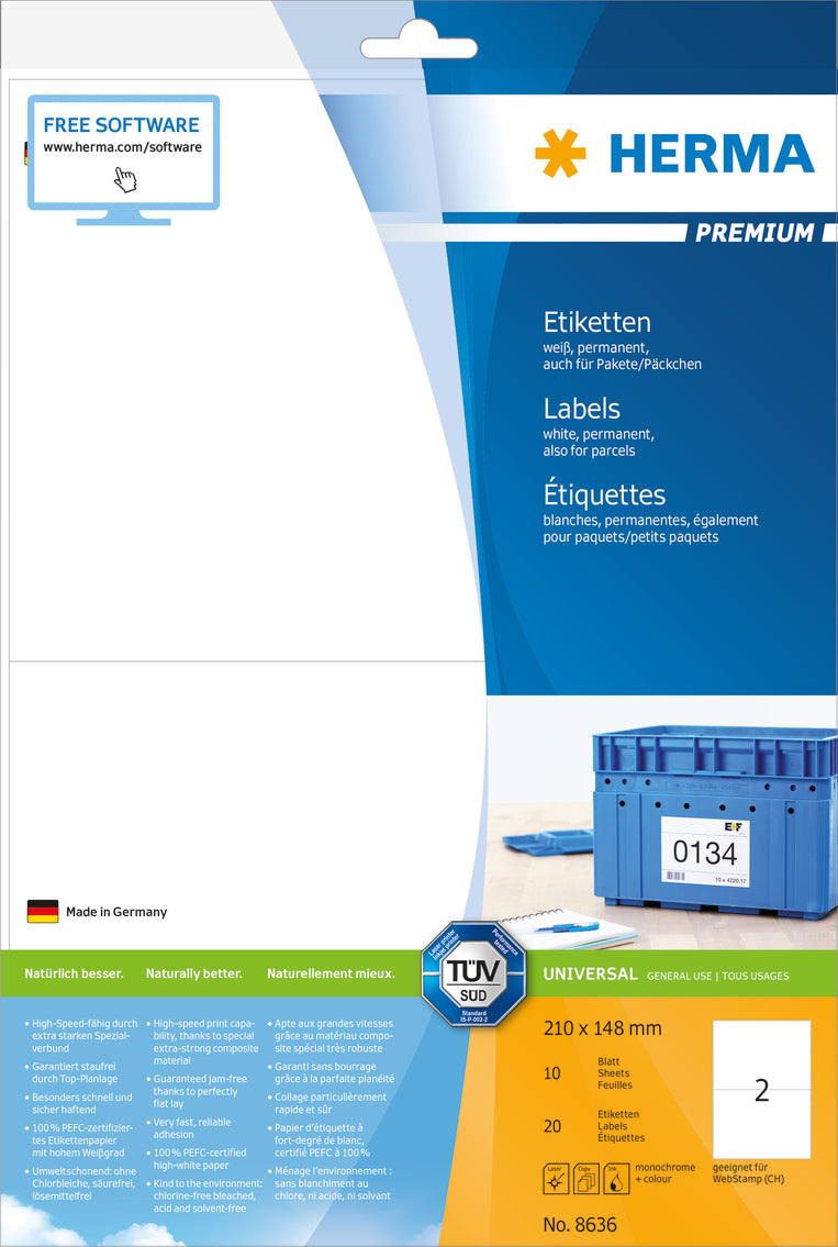 Premium Labels A4, 210 x 148mm, White, Permanent Adhesion (200 labels / 100 sheets)
