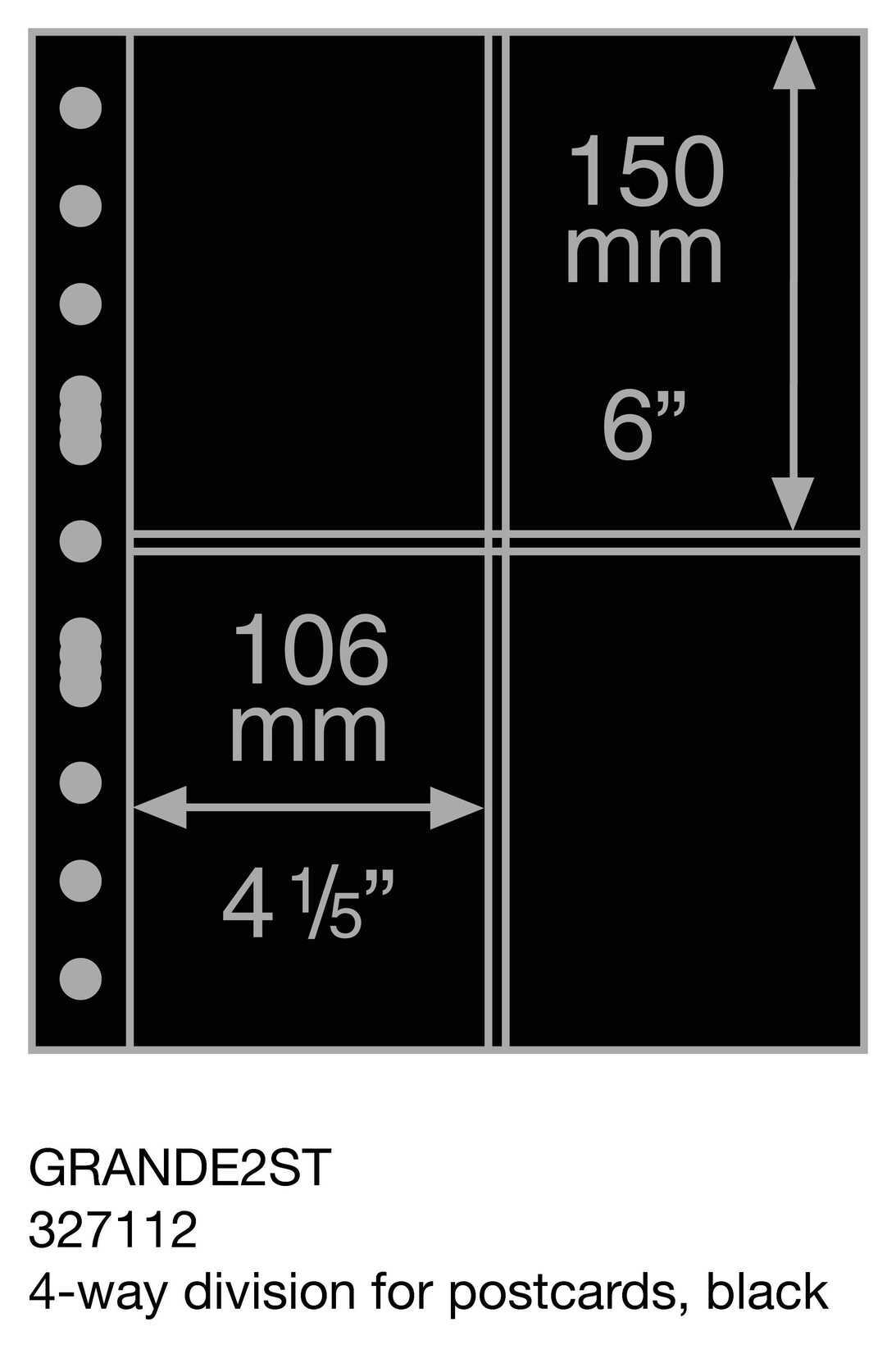 Plastic pockets GRANDE, four-way division for postcards, black- double sided