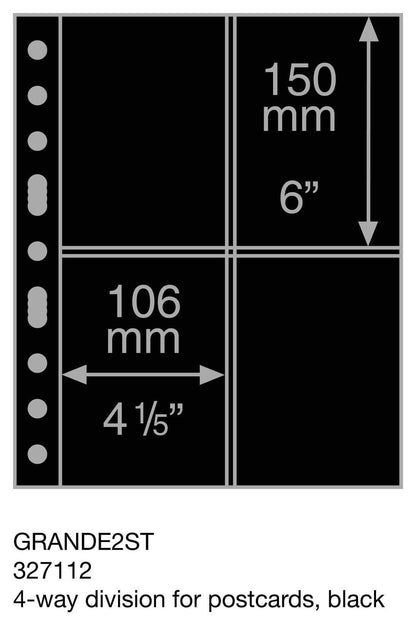 Plastic pockets GRANDE, four-way division for postcards, black- double sided