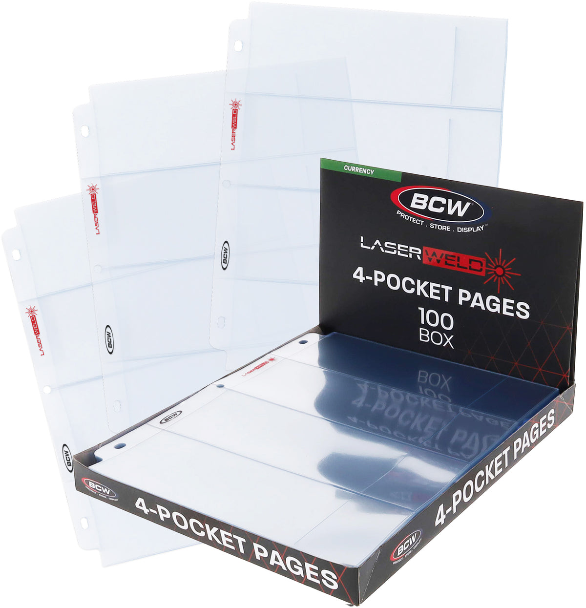 BCW Laserweld 4-Pocket Currency Page (100 Count. Box) – front product view
