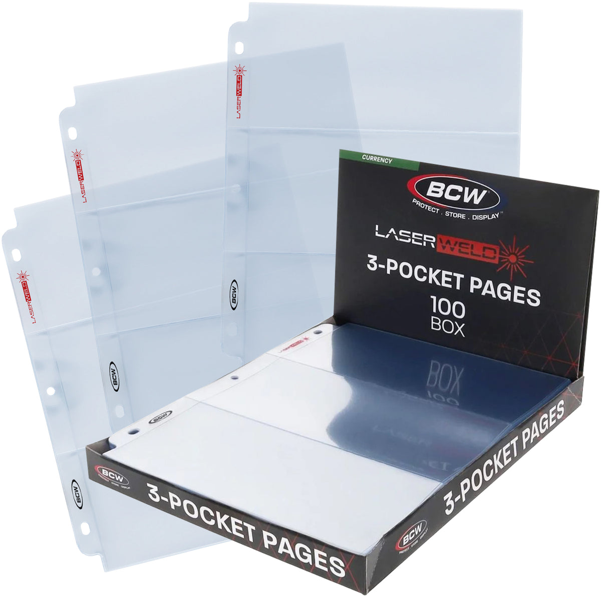BCW Laserweld 3-Pocket Currency Page (100 Count. Box) – front product view