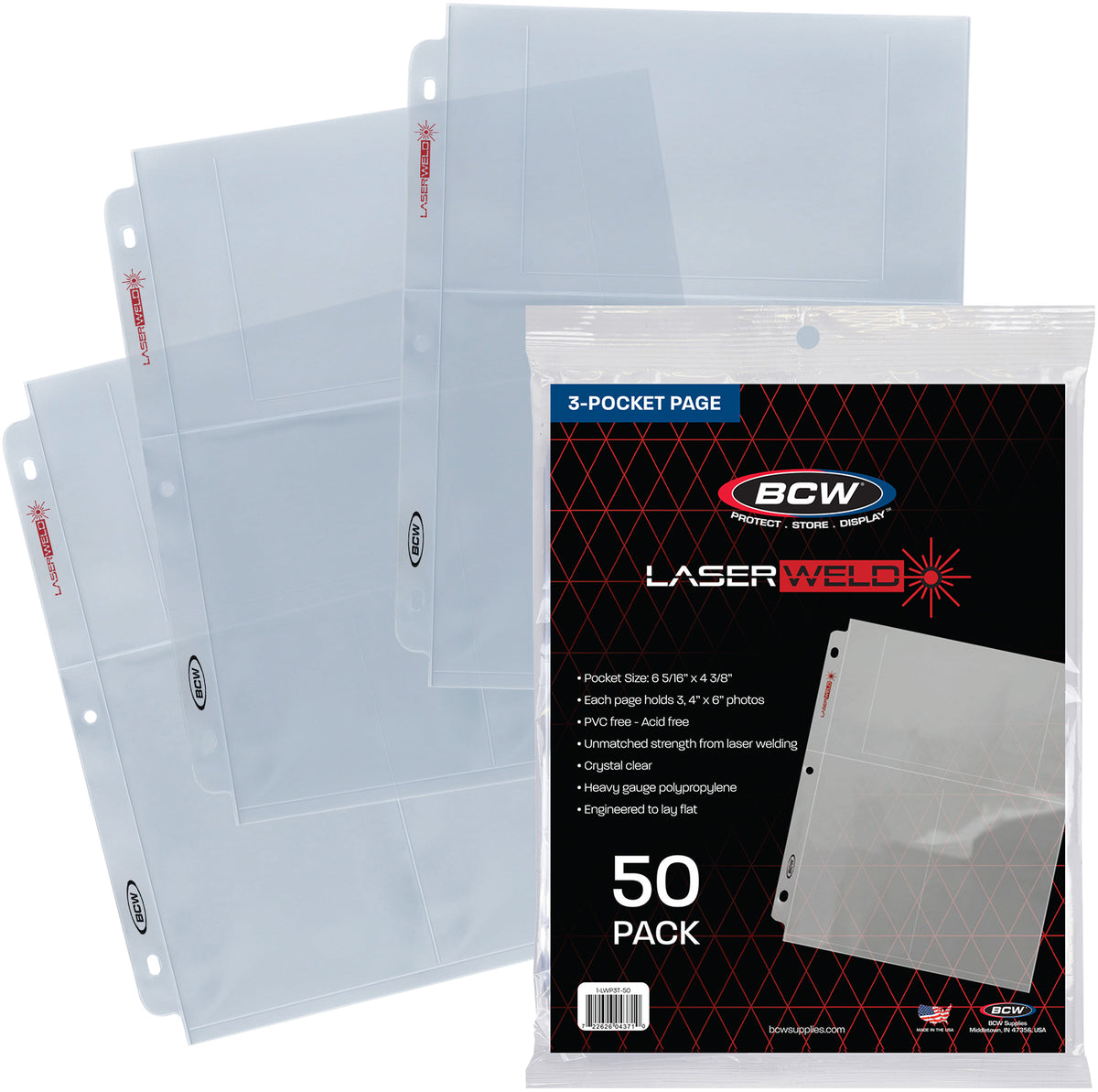 BCW Laserweld 3-Pocket Photo Page (50 Count. Pack) – front product view