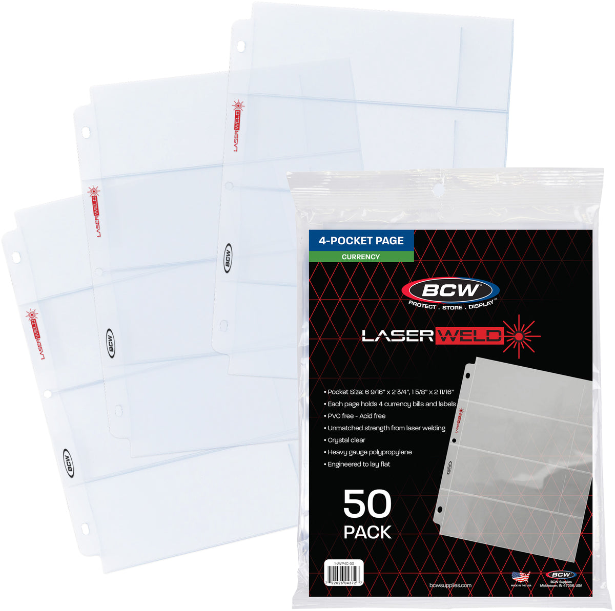 BCW Laserweld 4-Pocket Currency Page (50 Count. Pack) – front product view