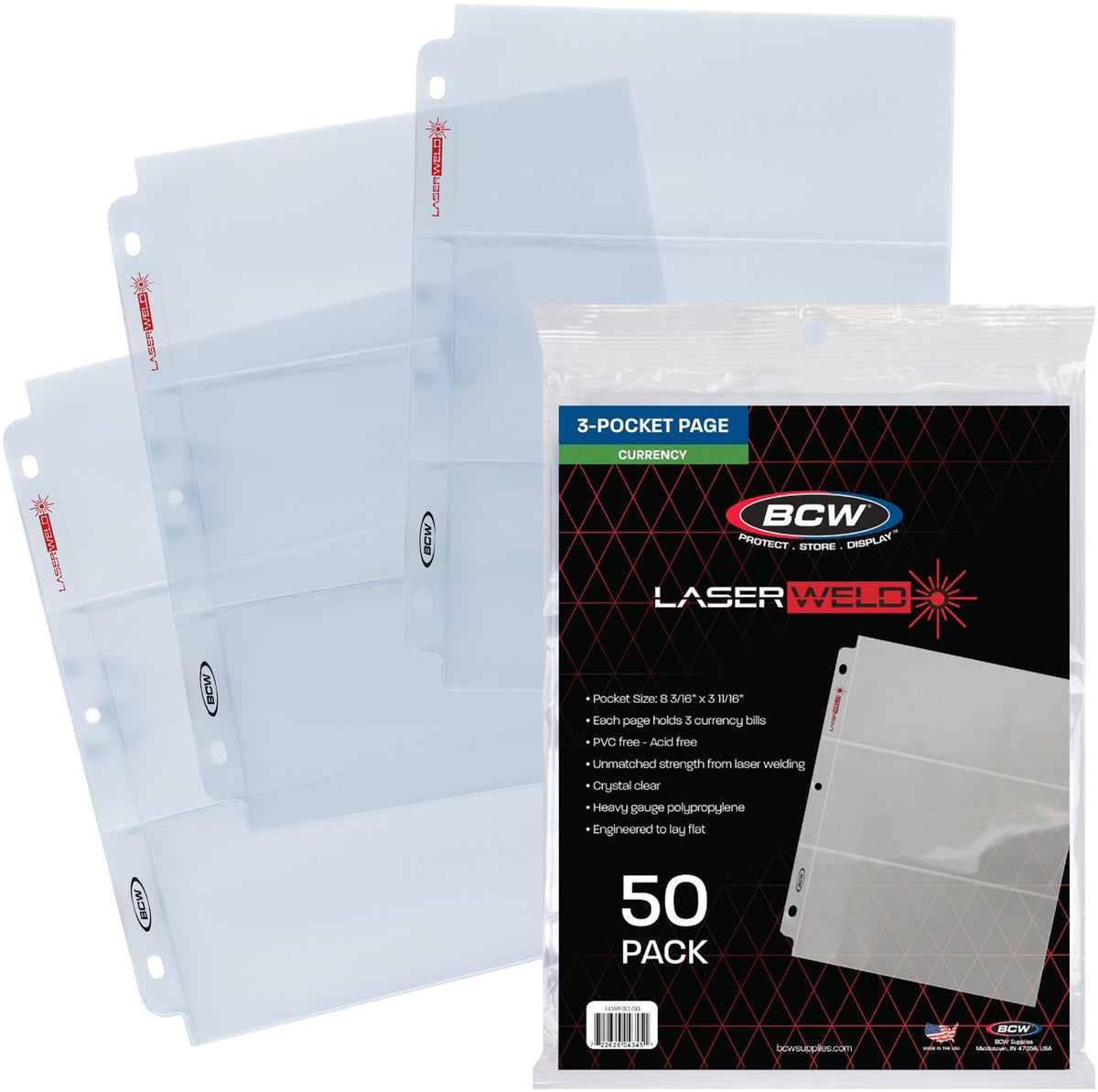 BCW Laserweld 3-Pocket Currency Page (50 Count. Pack) – front product view