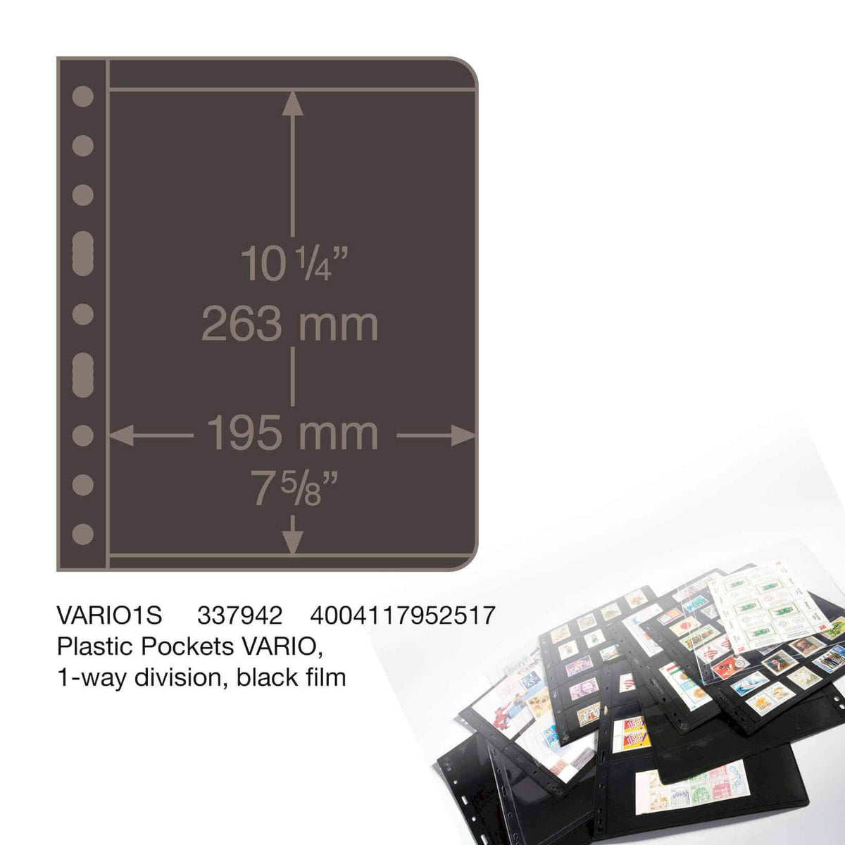 Plastic pockets VARIO, 1-way division, black film- double sided