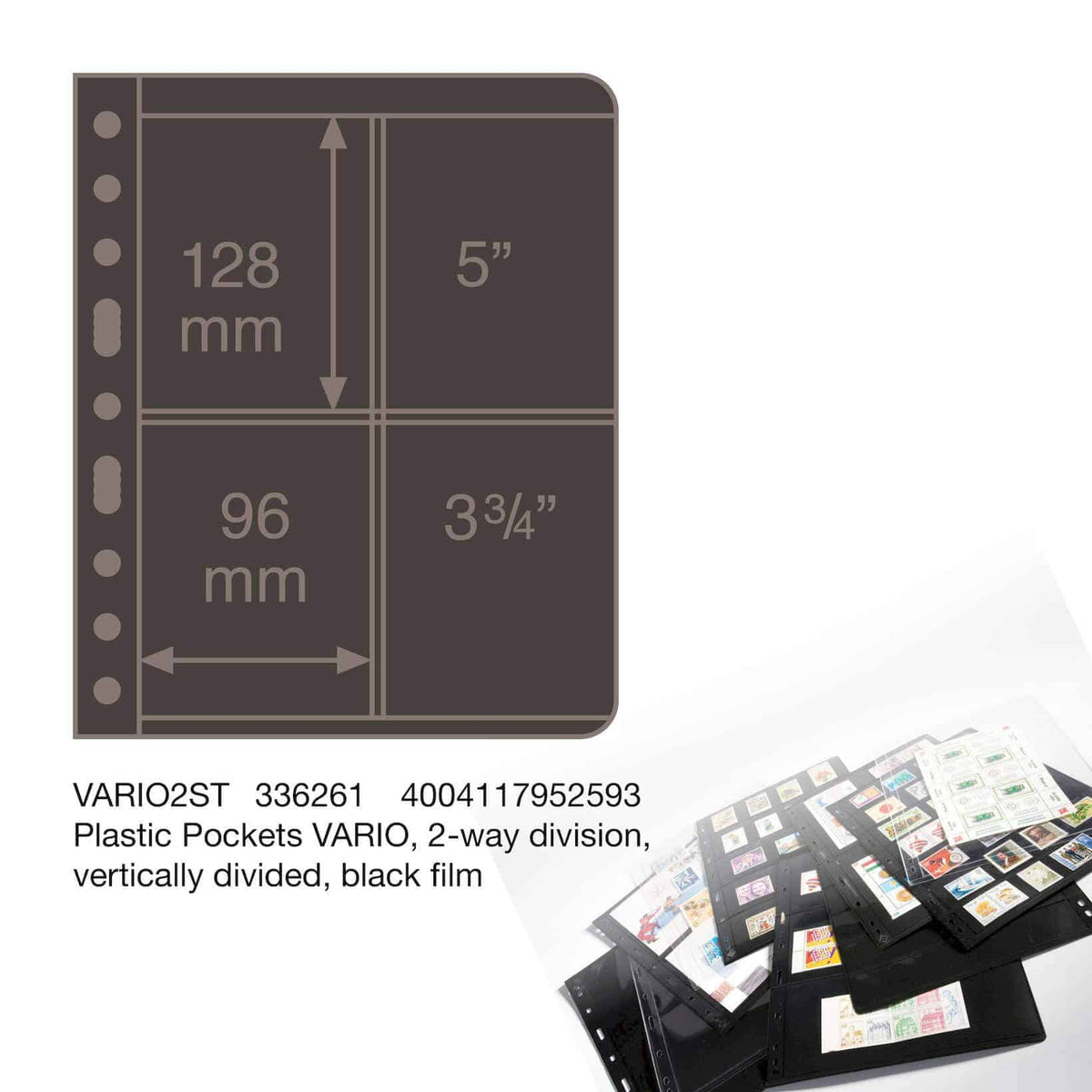 Plastic pockets VARIO, 2-way division, vertically divided, black film- double sided