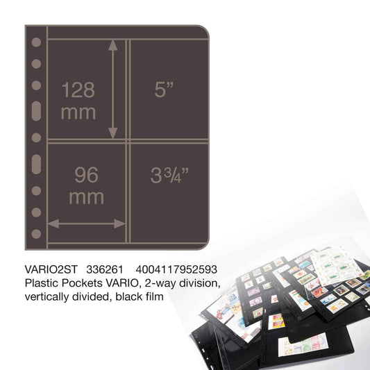 Plastic pockets VARIO, 2-way division, vertically divided, black film- double sided