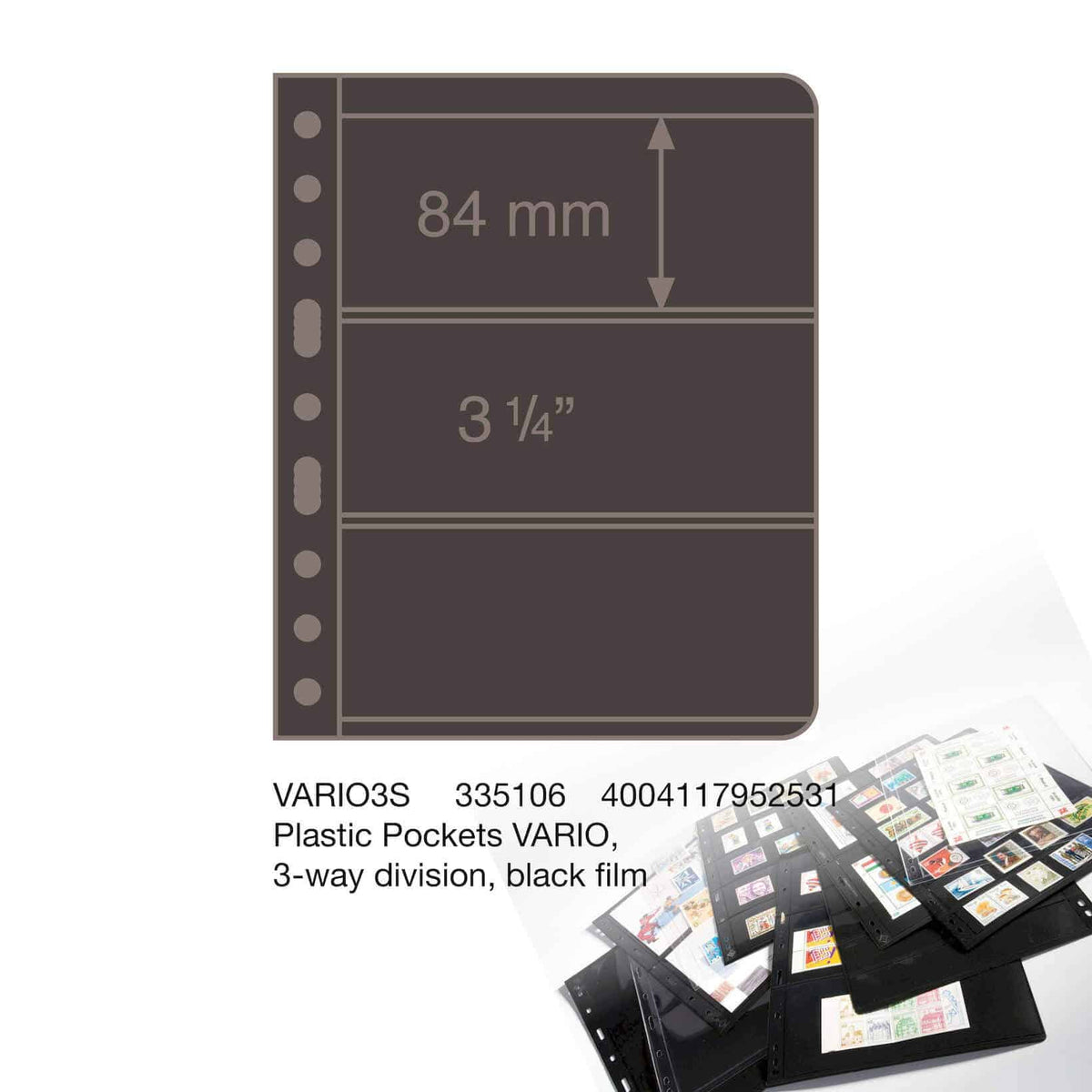 Plastic Pockets VARIO, 3-way division, black film- double sided