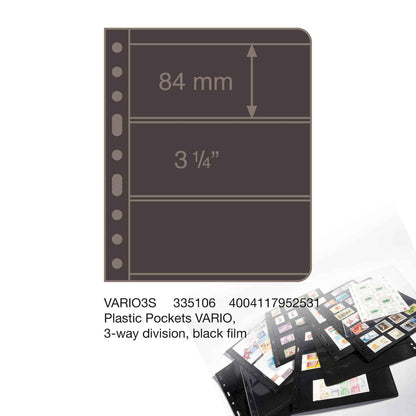 Plastic Pockets VARIO, 3-way division, black film- double sided