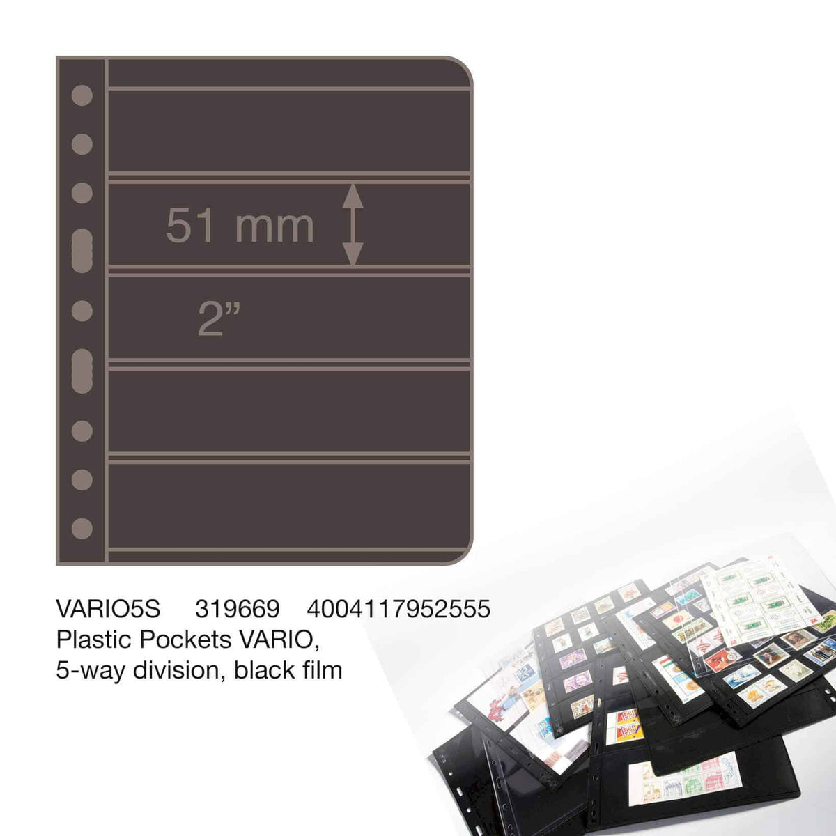 Plastic pockets VARIO, 5-way division, black film- double sided