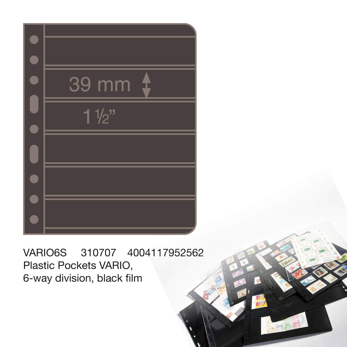 Plastic pockets VARIO, 6-way division, black film- double sided