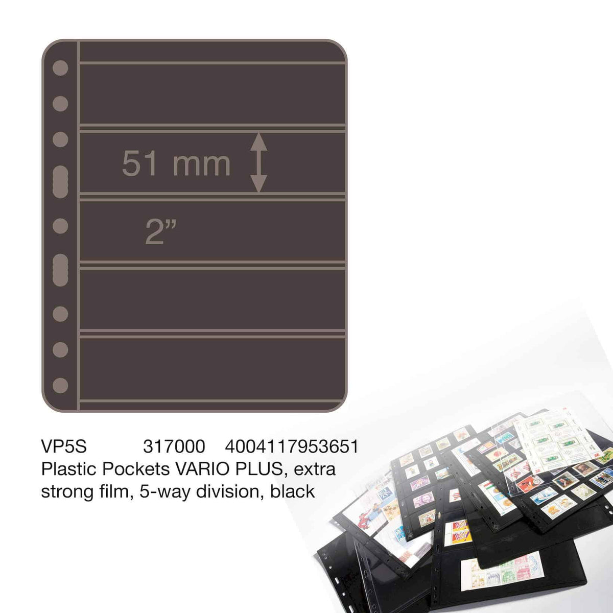 Plastic pockets VARIO PLUS, extra strong film, 5-way division, black- double sided