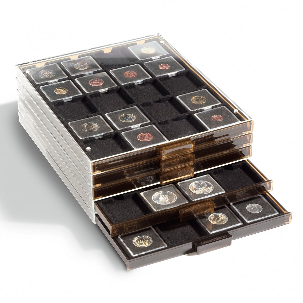 Coin Box QUADRUM, 20 square compartments 50 x 50mm, smoke coloured, with black drawer
