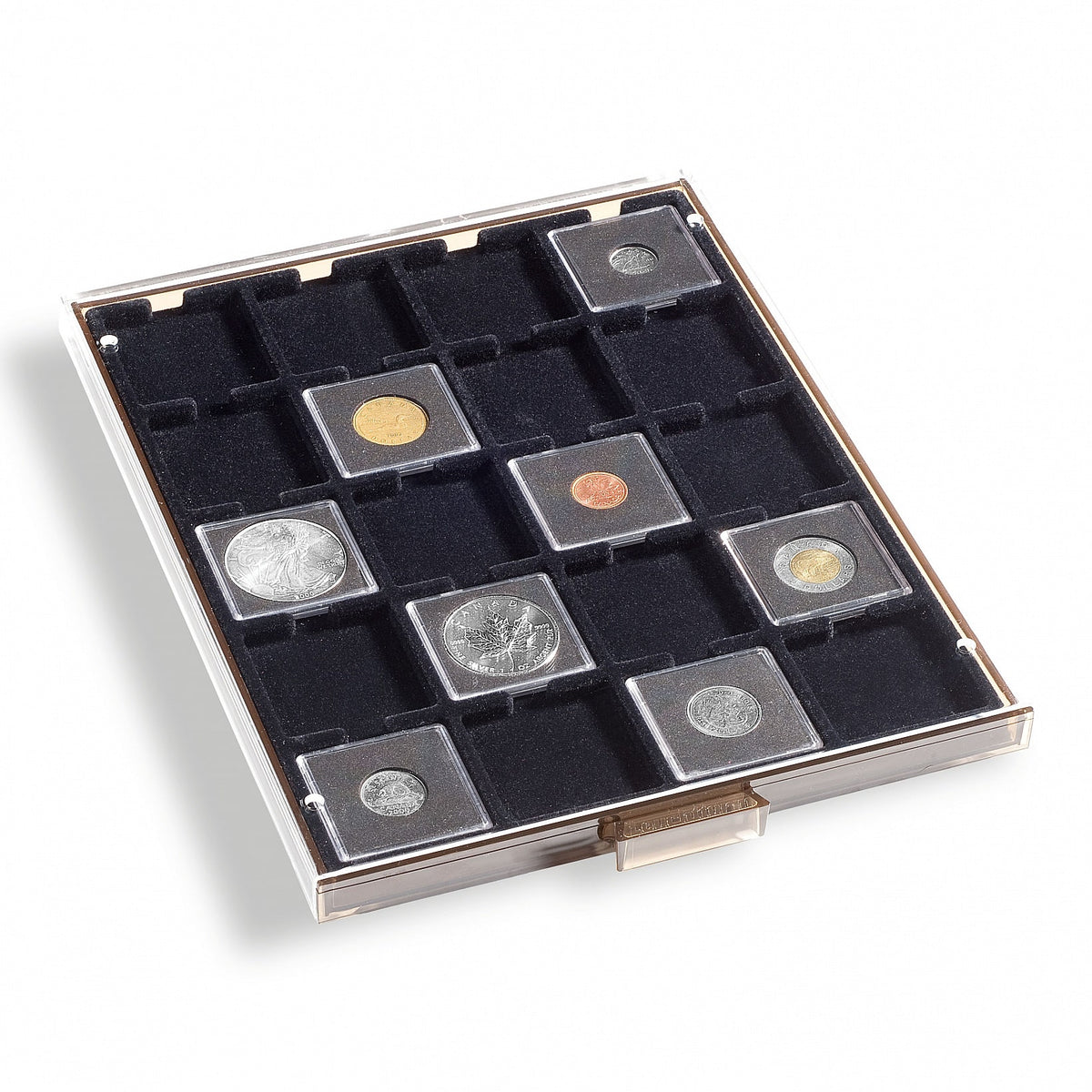 Coin Box QUADRUM, 20 square compartments 50 x 50mm, smoke coloured, with black drawer