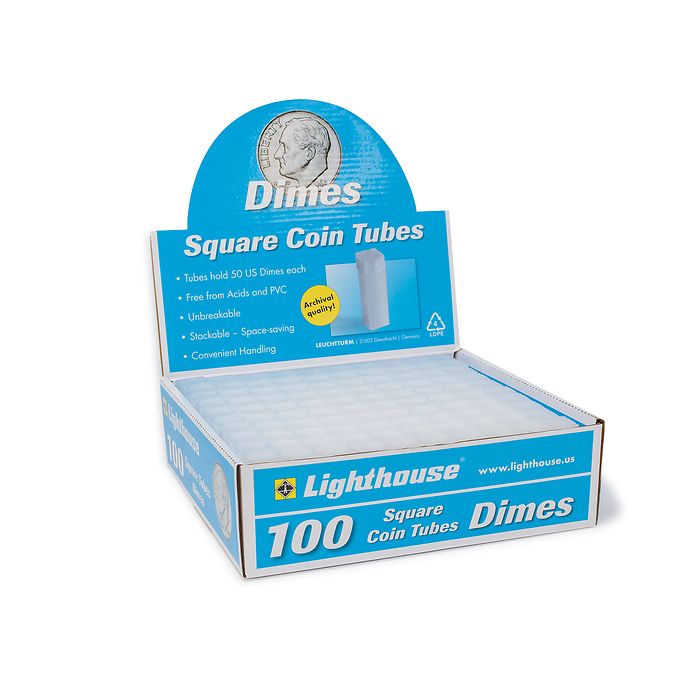 Lighthouse Coin Tubes for US Dimes (38.10mm) - Box of 100