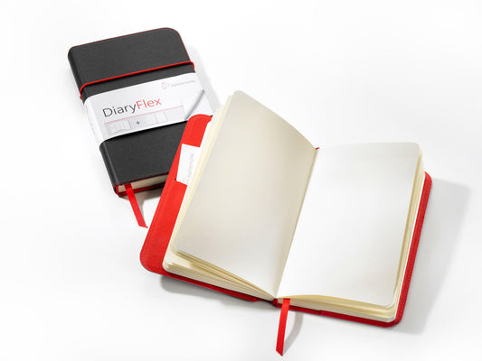 Hahnemühle DiaryFlex plain notebook, shown closed and open with blank pages