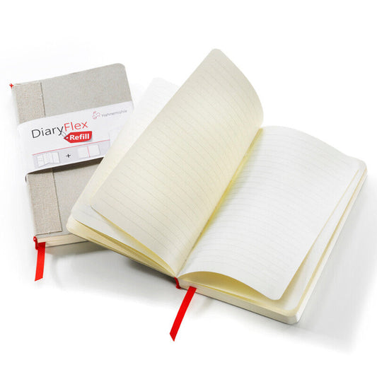 Hahnemühle DiaryFlex ruled refill, shown packaged and open with lined pages